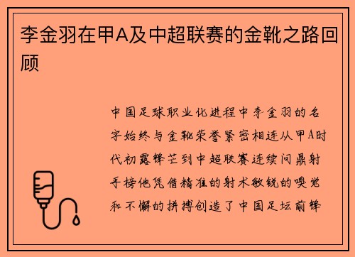 李金羽在甲A及中超联赛的金靴之路回顾