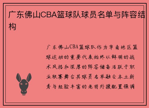 广东佛山CBA篮球队球员名单与阵容结构