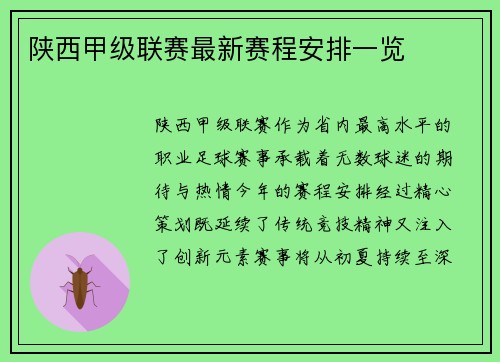 陕西甲级联赛最新赛程安排一览